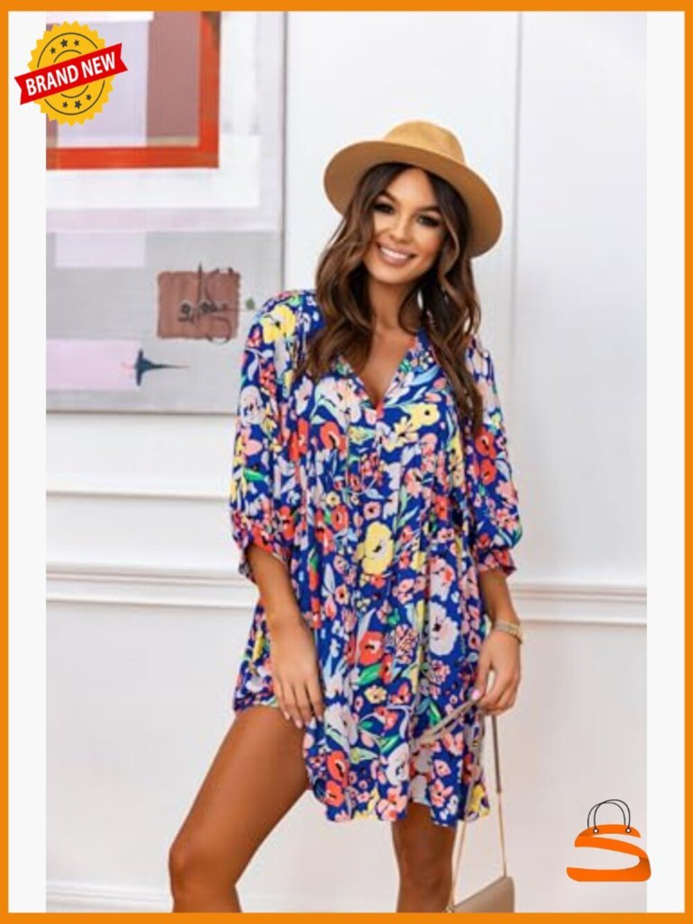 V-Neck Floral Mini Tunic Dress with Puff Sleeves Bohemian - Picture 2 of 7